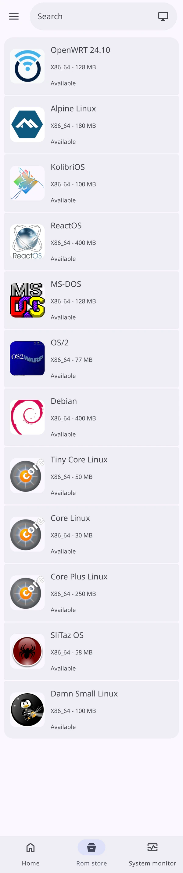 ROM Store catalog with OpenWrt, Alpine Linux, KolibriOS, ReactOS, and more