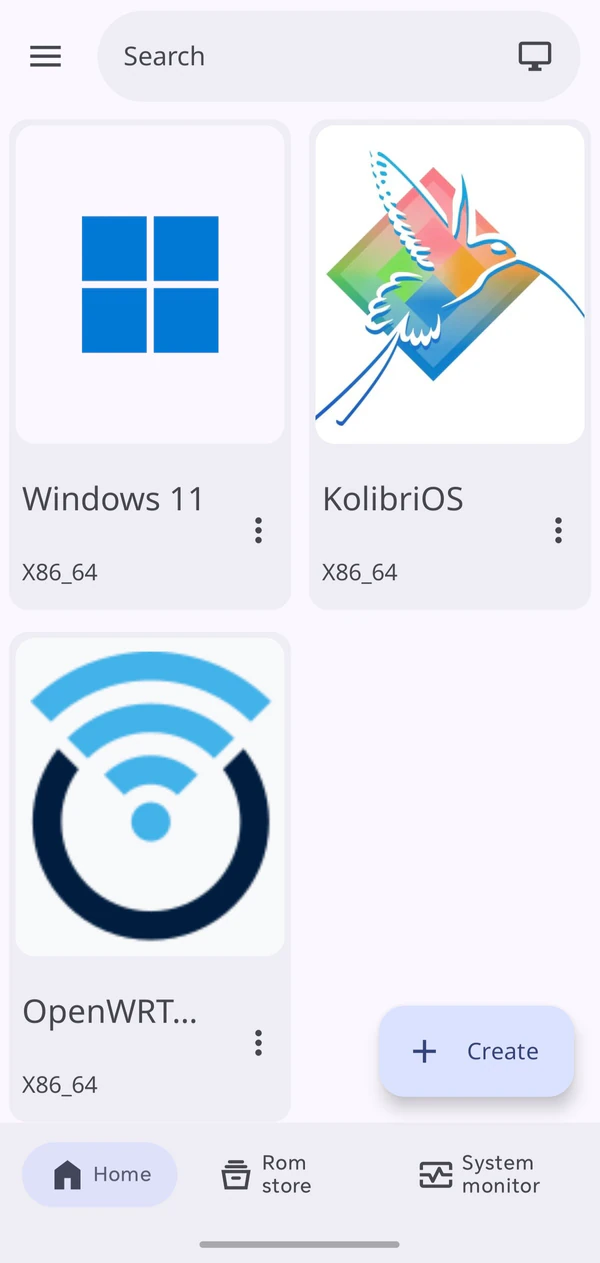 Vectras VM Home with installed Windows 11, KolibriOS, and OpenWrt machines